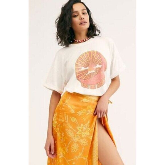 NEW FREE PEOPLE Sz 4 YASMIN BORDER PRINT WRAP MIDI SKIRT IN ORANGE NECTAR - Picture 1 of 5